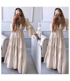 Sexy Deep V-Neck Lace-Up Tiered Swing Maxi Dress Solid Color Lotus Leaf Long Sleeve Loose Wholesale Dresses SDN560660 -DivaLook Shop d9bdfdb1 5f7f 41b5 9ac2 dae13f187cd4 99e8d90c13c558690fbb63d595641032