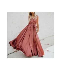 Solid Color V-Neck Sleeveless Lace-Up High Slit Large Swing Dress Resort Wholesale Maxi Dresses SDN532863
