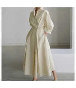 Lapel Collar Solid Color High Waist Wholesale Dresses SD57399