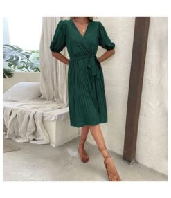Tie-Up V Neck Green Pleated Dress Wholesale Dresse SDN538885 -DivaLook Shop dc98848c e5d9 4583 bb26 741aa7a20be9 dd82fc3e35237cca29840d858d4c73b1