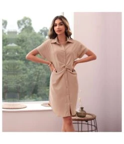 Lapel Solid Color Short Sleeve Slim Fit Pleated Dress Ladies T Shirt Dress Wholesale Business Casual Women SD168361 -DivaLook Shop dcafc033 8986 4075 b34e 4c6ec36277ce e56c00bd892adbf72d1674276e09f755