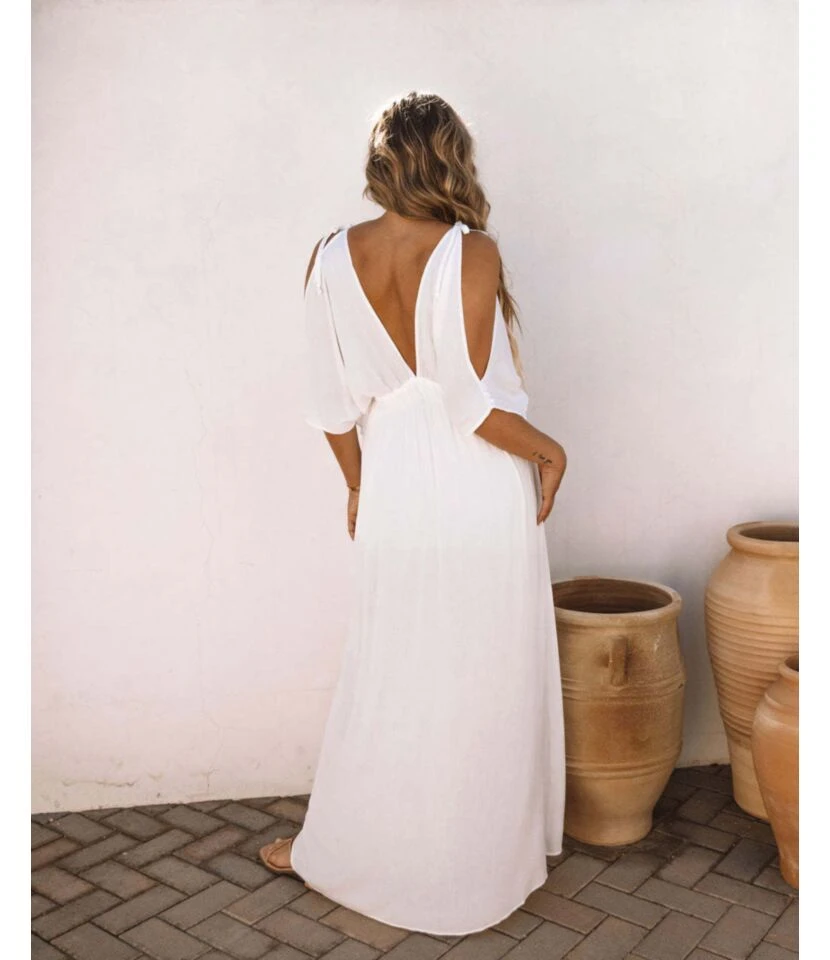 Women Cold Shoulder V Neck Plain Color Pleated Slit Hem Wholesale Swing Dresses SDN580889 5 Women Cold Shoulder V Neck Plain Color Pleated Slit Hem Wholesale Swing Dresses SDN580889 - Image 3