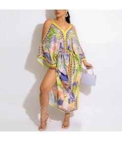 Fashion Printed V Neck Off Shoulder Slip Dress Wholesale Dresses SDN535412