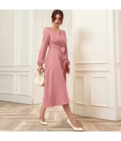 Puff Sleeve V-Neck Wide Swing Ladies Midi Dress With Belt Elegant Business Casual Women Wholesale Dresses SD204568 -DivaLook Shop df311bff 82f1 40dc 97de dc1913128028 29bad44b9d601695ef26ac7a0fc4c739