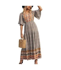 Boho Style Print V Neck Flare Sleeve Elastic Waist Maxi Dresses Wholesale Bohemian Dress For Women SDN532330