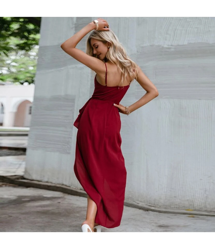 Spaghetti Strap V Neck Tie Waist High Split Hem Red Wholesale Cami Dresses SD204552 6 Spaghetti Strap V Neck Tie Waist High Split Hem Red Wholesale Cami Dresses SD204552 - Image 4