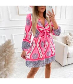 Fashion Print V-Neck Dress Casual Long Sleeve Loose Swing Wholesale Dresses SDN562005