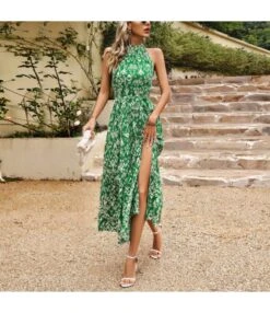 Elegant Sleeveless Floral Print Hanging Neck High Split Long Dress Wholesale Dresses V5923041200031