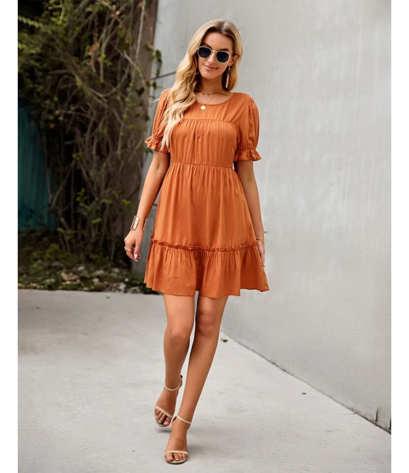 Solid Color Puff Sleeve Round Neck Loose Smocked Ruffled Dress Summer Casual Wholesale Dresses SDN533144 7 Solid Color Puff Sleeve Round Neck Loose Smocked Ruffled Dress Summer Casual Wholesale Dresses SDN533144 - Image 5