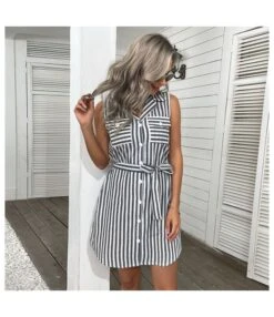 Women Striped Print Sleeveless Lapel Collar V Neck Button Wholesale Shirt Dresses SD580145 -DivaLook Shop e31592d9 2728 40d2 ad33 6bf4132f1c3d ba90bcf414b6099a4ffc2ccf6816ddc7