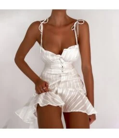 Sexy Bottom Strap Low Cut Wooden Ear Trim Mini Dress Wholesale Dresses SDV463811