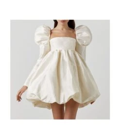 Sexy Square Neck Satin Dress Puff Sleeve Solid Color A-Line Wholesale Dresses SDN560919