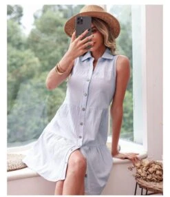 Women Fashion Turn Down Collar V Neck Button Cotton Linen Wholesale Tank Dresses SD168353 -DivaLook Shop eea8ec8c ca0a 48f1 b2d8 e135cd73a7d5 4cdb482d783b46d033593f0e0f4ca2be