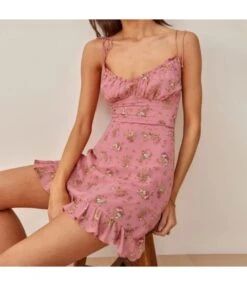 Floral Print Resort Style Sundresses V-Neck Chiffon Backless Lace-Up Ruffled Dress Chic Wholesale Dresses SDN580382