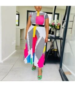 Colorful Round Neck Short Sleeve Printed Pleated Dress Wholesale Womens Clothing N3823103000109