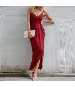Spaghetti Strap V Neck Tie Waist High Split Hem Red Wholesale Cami Dresses SD204552