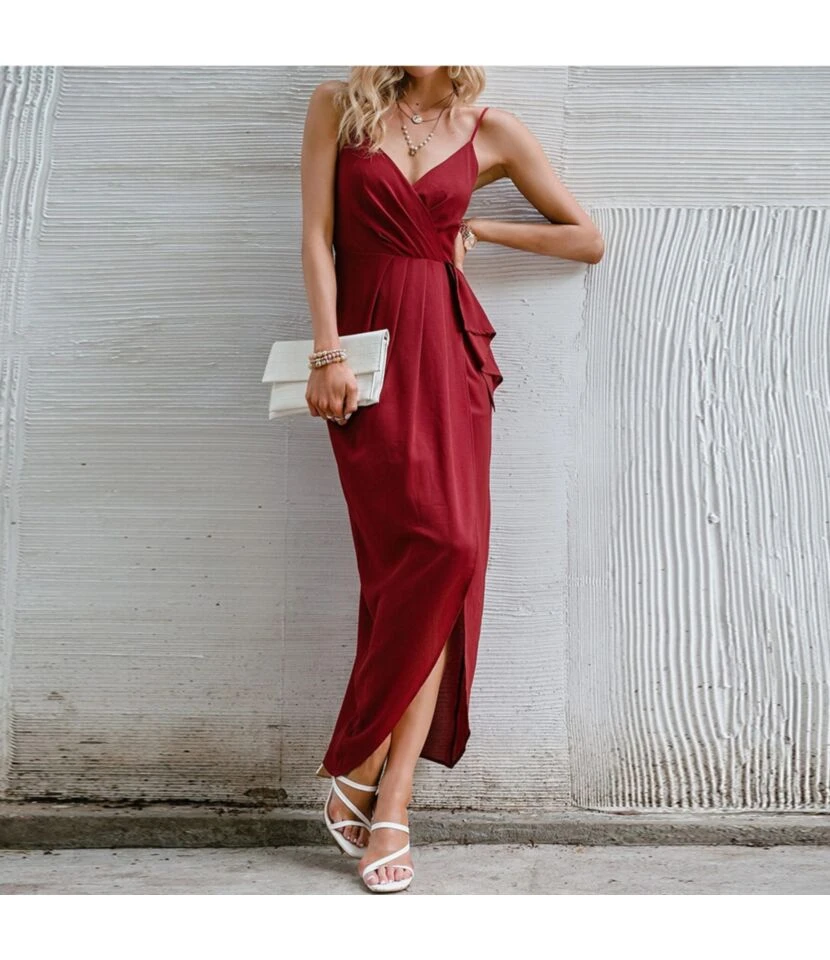 Spaghetti Strap V Neck Tie Waist High Split Hem Red Wholesale Cami Dresses SD204552 3 Spaghetti Strap V Neck Tie Waist High Split Hem Red Wholesale Cami Dresses SD204552