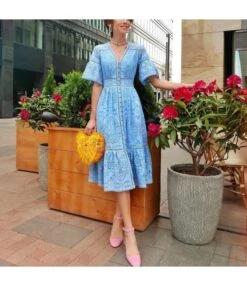 Solid Color Short Sleeve Lace Hollow V-Neck Ruffle Dress Elegant Business Casual Women Wholesale Dresses SD531699