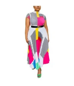 Round Neck Short Sleeve Printed Pleated Dresses Wholesale Womens Clothing N3823103000062